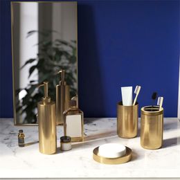 Bathroom Accessories Set 304 Stainless Steel Soap Dispenser Soap Dish Toothbrush Holder Gargle Cup Gold Finished Bathroom Set T200518