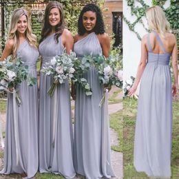 2022 Simple Chiffon Bridesmaid Dresses Long One Shoulder Pleated A Line Wedding Guest Dress Cheap Plus Size Country Maid of Honour