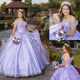 Lavender Beaded Lace Ball Gown Quinceanera Dresses Sequined Off The Shoulder Crystals Princess Prom Gowns Flowers Appliqued Sweet 15 Masquerade Dress