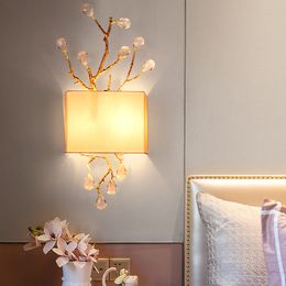Creative Crystal Branches LED Lamps Rectangle Copper Lampshade Retro Wall Lamps for Home Decor Living Room Bedroom Study Parlour