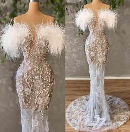 Size Arabic Plus Aso Ebi Luxurious Lace Beaded Wedding Dress Feather Sweetheart Bridal Gowns Dresses ZJ es