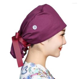 cap holders Australia - Womens Working Scrub Cap With Buttons Holder Sweatband Adjustable Ribbon Tie Solid Color Bouffant Turban Hat Long Beanie Skull Caps Oliv22