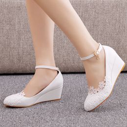 White Lace Women Wedges Platform 5CM High Heels Ankle Strap Ladies Pumps Office Party Dance Wedding Shoes