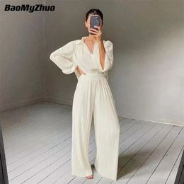 Spring Autumn Two Piece Wide Leg Pant Suits Women Tracksuit Sets Casual Single Breasted Female Turn Down Collar Shirts Top 220817