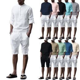 Men Outfit Set Summer Casual Loose Short sleeved Shirt Shorts Fashion Solid Colour Linen Men s Two piece Suit 220630