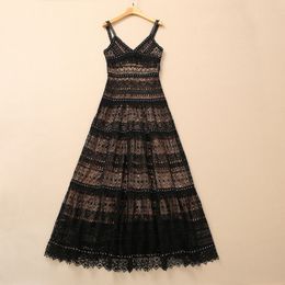 2022 Summer Spaghetti Strap V Neck Black / Khaki Floral Lace Panelled Rivet Long Maxi Dress Elegant Casual Dresses 22Q192316