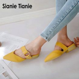 Sianie Tianie summer square low heels pointed toe yellow buckle woman outdoor slippers ladies shoe mules size 48 Y200423