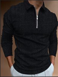 Men's Polos Autumn Shirt Fashion Striped Slim Zipper Turn-Down Collar Solid T-shirt Male Casual Long Sleeve Tops