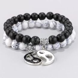 Classic Lovers Enamelled Yin Yang Gossip Charm White Turquoise Black Beads Strands Bracelet Wholesale 2pcs/Set