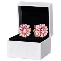 Rose gold Pink Daisy Flower Stud Earrings Original box for Pandora 925 Silver Women Earring set