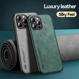 Luxury Ultra-thin Silky Feel Magnet car holder Phone Cases For iPhone 15 13 11 12 14 Pro Max XS XR X 7 8 Plus Texture Leather Protection Case