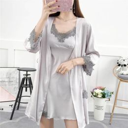 Women's Sleepwear Spring Women Satin Solid Robe Set Sexy Lingerie Lace Deep V Lounge Suit Bride Bridesmaid Kimono Bath Robes Gown 2PCS Homew