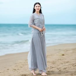 Ethnic Clothing Women Linen Shirt Tops Chinese Style Vintage Retro And Skirt Fairy Tai Chi Uniform Tang Suit Breathable Casual Hanfu T2392