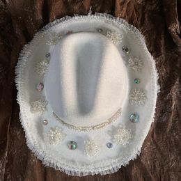 Berets White Handmade Women Wool Bride Cowboy Hat Wide Brim Bridal Rhinestone Western Sombrero Hombre Fedora