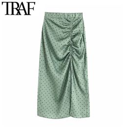 TRAF Women Vintage Elegant Polka Dot Pleated Midi Skirt Fashion Elastic Waist Side Zipper Slit Female Skirts Chic Faldas Mujer 210331