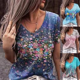 2022 New Summer Tops Women Vintage 3D Floral Print T Shirt Loose Plus Size Casual Short Sleeve V-Neck Tee Top Oversized 4XL 5XL