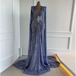 New Sparkly Purple Mermaid Evening Dress Middle East Arab Sequined Crystal V Neck Prom Dresses With Shawls Graduation Party Gowns