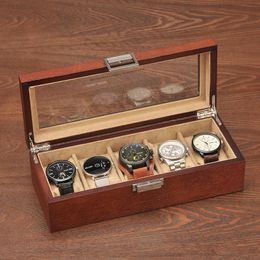 Watch Boxes & Cases Wooden Style 5 Grids Brown Colour Display Holder With Glass Top