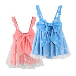 Girls One-Pieces Big Bow Swimsuit Fashion Tulle Ruffles Designer Suspender Beachwear 2-8T Princess Girl Cartoon Printed Swim Skirt 3 Style