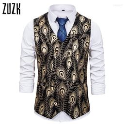 Men Suits For Wedding Business Casual Slim Vests Fashion Steampunk Bronzing Peacock Feather Print Colete Masculino Men's Stra22