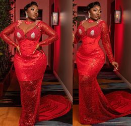 2022 Plus Size Arabic Aso Ebi Red Mermaid Luxurious Prom Dresses Beaded Crystals Evening Formal Party Second Reception Birthday Engagement Gowns Dress ZJ222