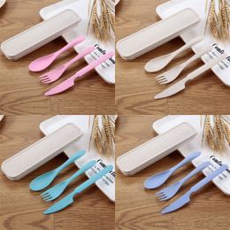 Travel Cutlery Portable Cutlery Box Set Japan Style Wheat Straw Knife Fork Spoon Student Dinnerware Sets Kitchen Tableware 345 D3