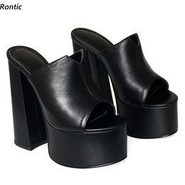 Rontic Handmade Women Platform Mules Sandals Geuine Leather Sexy Block Heels Peep Toe Classics Black Party Shoes US Size 4-9.5