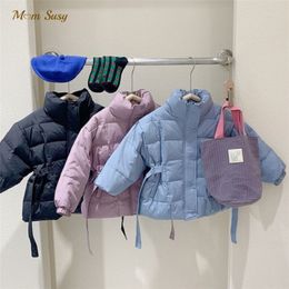 Down Coat Fashion Baby Boy Girl Cotton Padded Jacket Winter Infant Toddler Child Coat Waist Belt Warm Thick Outwear Baby Clothes 210Y 220826