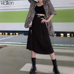 KLALIEN Fashion High Waist Black Midi Skirt Women summer streetwear casual split Hem Asymmetric long Skirt ladies new 201111