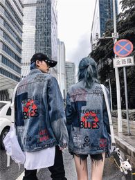 Men's Jackets Spring And Autumn Selling INS Street Youth Personality Print Graffiti Washed Denim Jacket Men Women Couple JacketsMen's