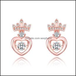 Stud Rose Gold Crown Heart Earring Women Elegant Aaa Zircon Throbbing Sweet Cute Romantic Girl Ear Jewellery Sie Sexyhanz Dhbay