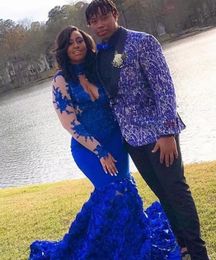 Royal Blue Keyhole Neck High Long Sleeves Mermaid Prom Dresses With 3D Handmade Flowers Formal Party Evening Gowns African