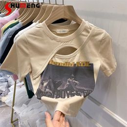 Summer Hollow-out Short-Sleeved Slim-Fit Short Letter Girl Sexy Top Ins T-shirt for Women Crop Tops 220408
