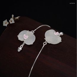 Original Design Natural Hetian White Jade Petal Tassel Earrings Chinese Retro Fresh And Elegant Charm Women's Silver Jewellery Dangle & Chande