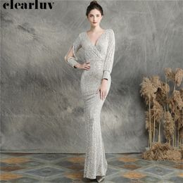 Sequins Women Party Dress DX2406 New Plus Size Mermaid Prom Dress Robe De Soiree Apricot Silver Long Sleeves Evening Dress 201114