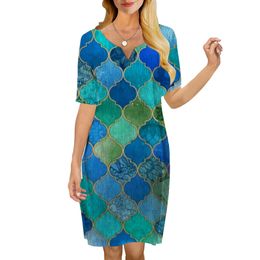 Women Dress Retro Regular Pattern 3D Printed VNeck Loose Casual Short Sleeve Shift Dress for Female Dresses 220616