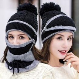 Caps & Hats 3PCS/Set Cute Style Women's Knitted Winter Mask Hat Scarf Velvet Thick Ear Protection Woolen HatCaps CapsCaps