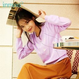 INMAN Autumn Winter Arrival Knitwear Women's Long Sleeve Round Neck Embroidered Jacquard Turtleneck Sweet Thin Sweater 201223