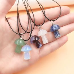 Natural stone Carving 2cm Mushroom Shape Pendant charms necklaces Reiki Healing chakra Crystal pu chain Necklace For Women Jewelry