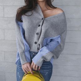 SuperAen Korean Style Women Sweater Autumn and Winter New V-neck Ladies Sweater Stripes Loose Wild Women Clothing 210204