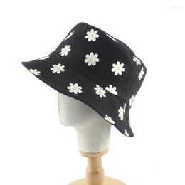 Summer Daisies Print White Black Bucket Hat Women Fashion Beach Sun Reversible Bob Chapeau Femme Floral Panama Fisherman Scot22