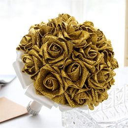 red bride bouquets UK - Gold Wedding Bridal Bouquets with Handmade Flowers Sequins Red Rose Wedding Supplies Bride Holding Brooch Bouquet CPA1586212H