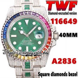2022 TWF ey126610 t116610 A2836 Automatic Mens Watch i116649 Rainbow Square Diamond Bezel Green Dial 904L Steel Iced Out Diamond Two Tone Bracelet Eternity Watches