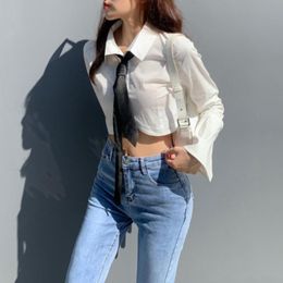 Women's Blouses & Shirts JMPRS White Women Shirt Fashion High Waist Tie Sexy Crop Tops Autumn Long Sleeve Korean Streetwear Lady Cotton Butt