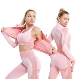 2Women's Racksuit Yoga Set Workout Women Sportswear Gym Clothing Fitness Long Sleeve Crop Top High Waist Leggings Sports Suits 220513