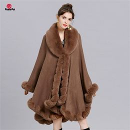 Elegant V Lapel Rex Rabbit Fur Coat Cape Winter Women Big Long Shawl Full Trim Faux Fur Cashmere Cloak Overcoat Parka 201214