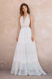 2022 Bohemian Wedding Dresses Halter Deep V Neck Luxury Embroidery Sweep Train Backless Bridal Gowns Custom Made Beach Boho Weddin261A