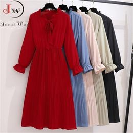 2022 Solid Color Long Women Dress Vintage Elegant Bow Collar Shirt Dress Ladies Long Sleeve Autumn Winter Casual Dresses 220317