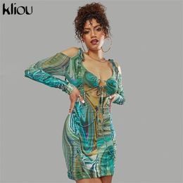 Kliou Gorgeous Print Mini Dress Women Fashion Aesthetic Tie Dye Hollow Out Bandage Skirt Hipster Long Sleeve Backless Clubwear 220509