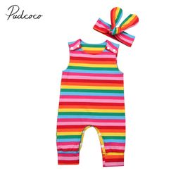 Brand Cute Infant Toddler born Baby Girls Jumpsuit Romper Headband 2Pcs Rainbow Sleeveless Outfits Colorful Clothes 220525